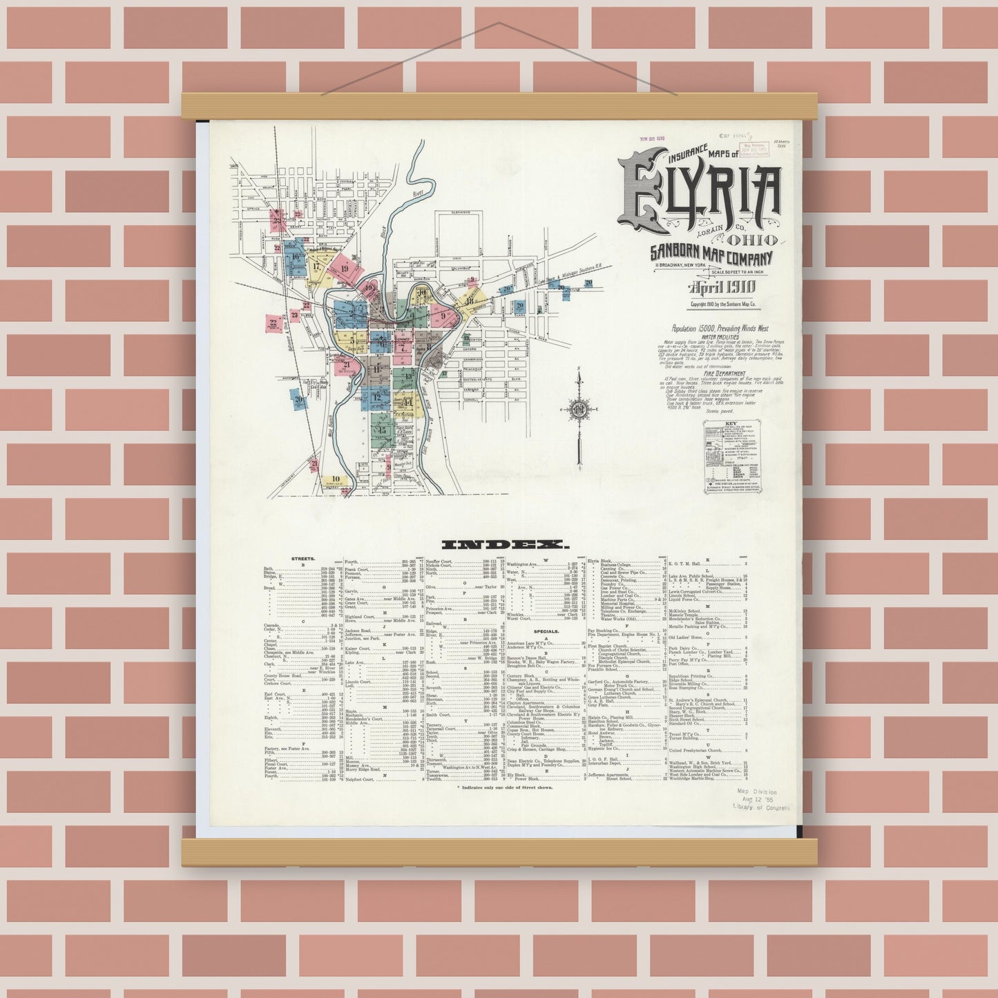 Old map wall art mockup — magnetic wood frame on brick wall — Sanborn Fire Insurance Map from Elyria, Lorain County, Ohio (1910), Sheet #0001