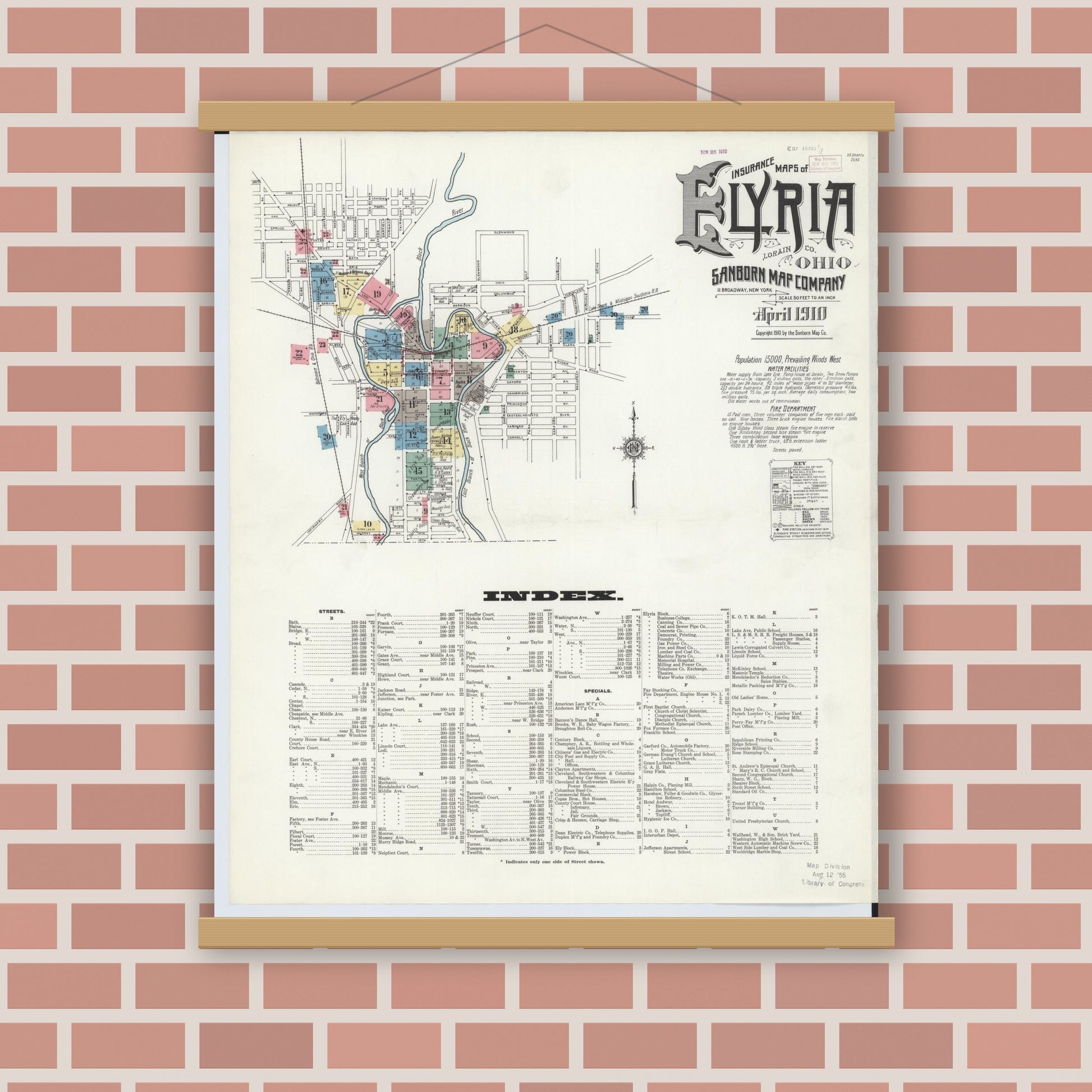 Old map wall art mockup — magnetic wood frame on brick wall — Sanborn Fire Insurance Map from Elyria, Lorain County, Ohio (1910), Sheet #0001
