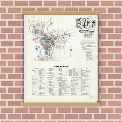 Old map wall art mockup — magnetic wood frame on brick wall — Sanborn Fire Insurance Map from Elyria, Lorain County, Ohio (1910), Sheet #0001