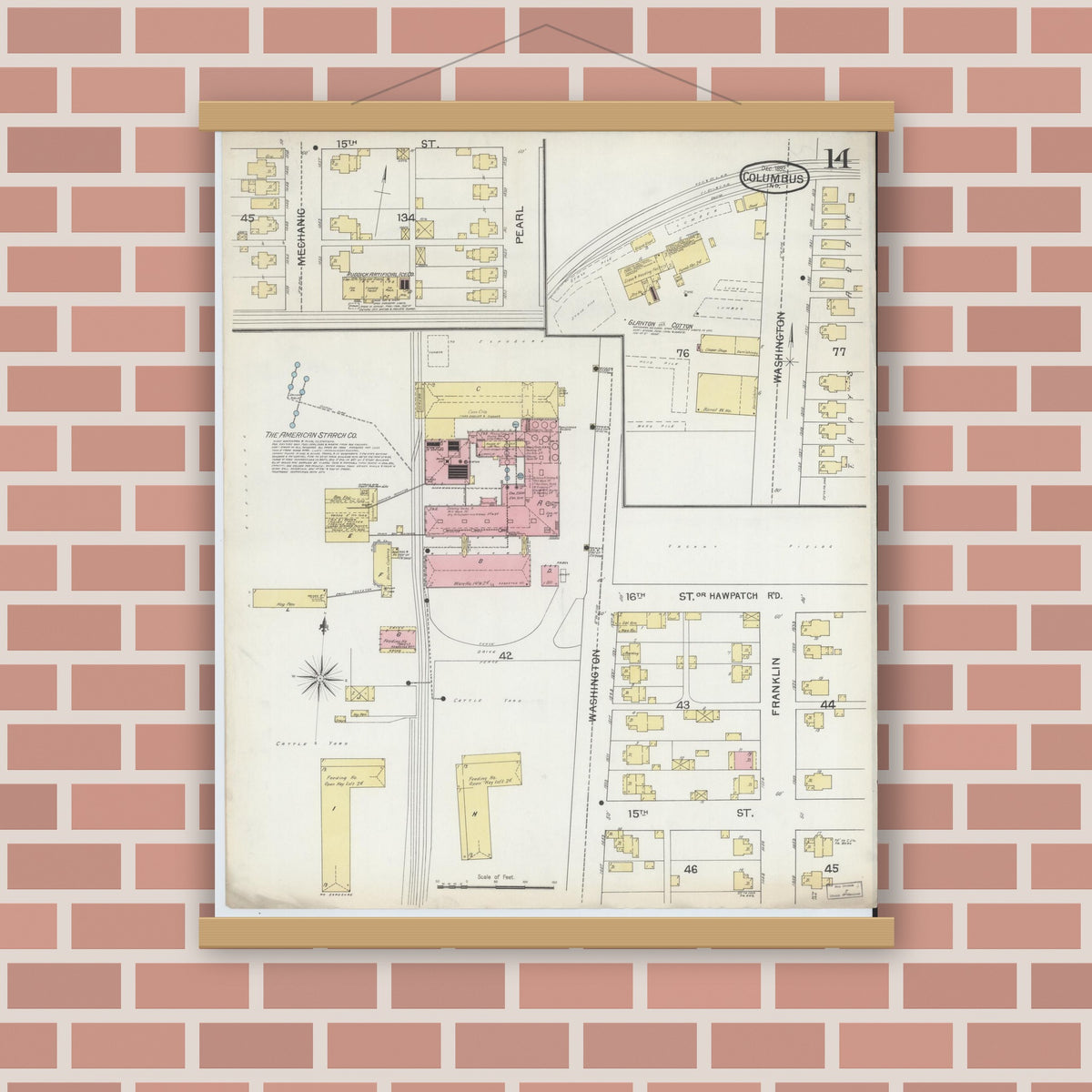 Old map wall art mockup — magnetic wood frame on brick wall — Sanborn Fire Insurance Map from Columbus, Bartholomew County, Indiana (1892), Sheet #0014