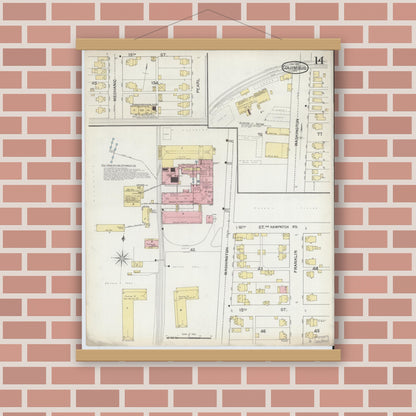 Old map wall art mockup — magnetic wood frame on brick wall — Sanborn Fire Insurance Map from Columbus, Bartholomew County, Indiana (1892), Sheet #0014