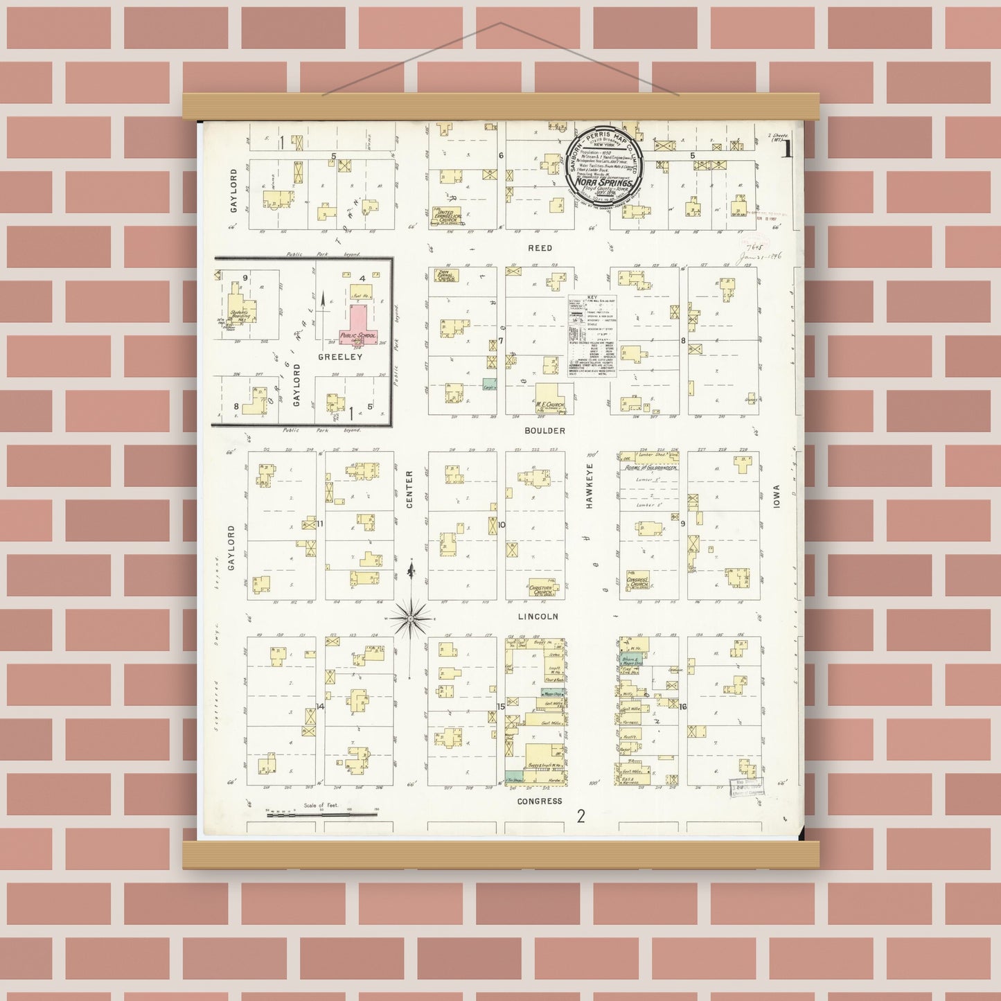 Old map wall art mockup — magnetic wood frame on brick wall — Sanborn Fire Insurance Map from Nora Springs, Floyd County, Iowa (1896) â€” Complete Set
