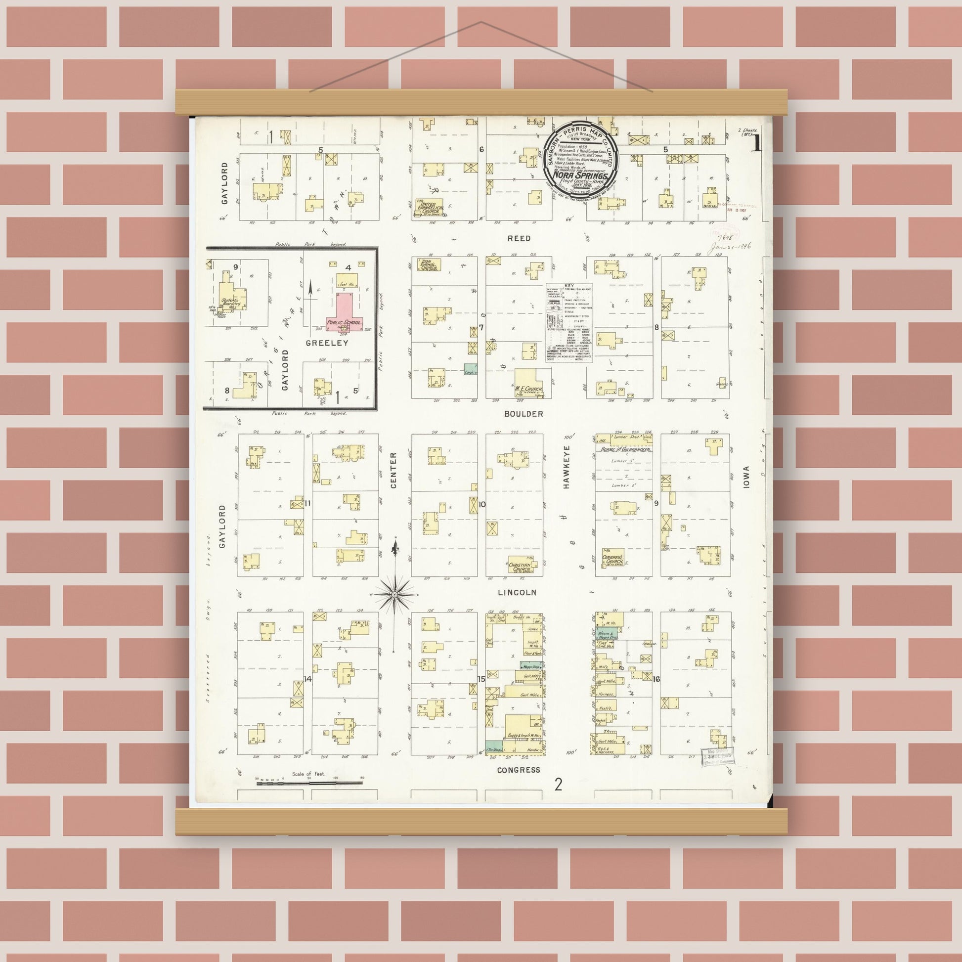 Old map wall art mockup — magnetic wood frame on brick wall — Sanborn Fire Insurance Map from Nora Springs, Floyd County, Iowa (1896) â€” Complete Set