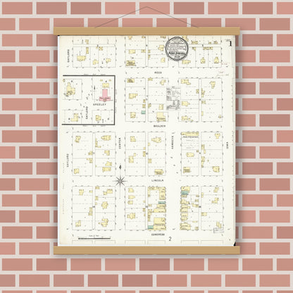 Old map wall art mockup — magnetic wood frame on brick wall — Sanborn Fire Insurance Map from Nora Springs, Floyd County, Iowa (1896) â€” Complete Set