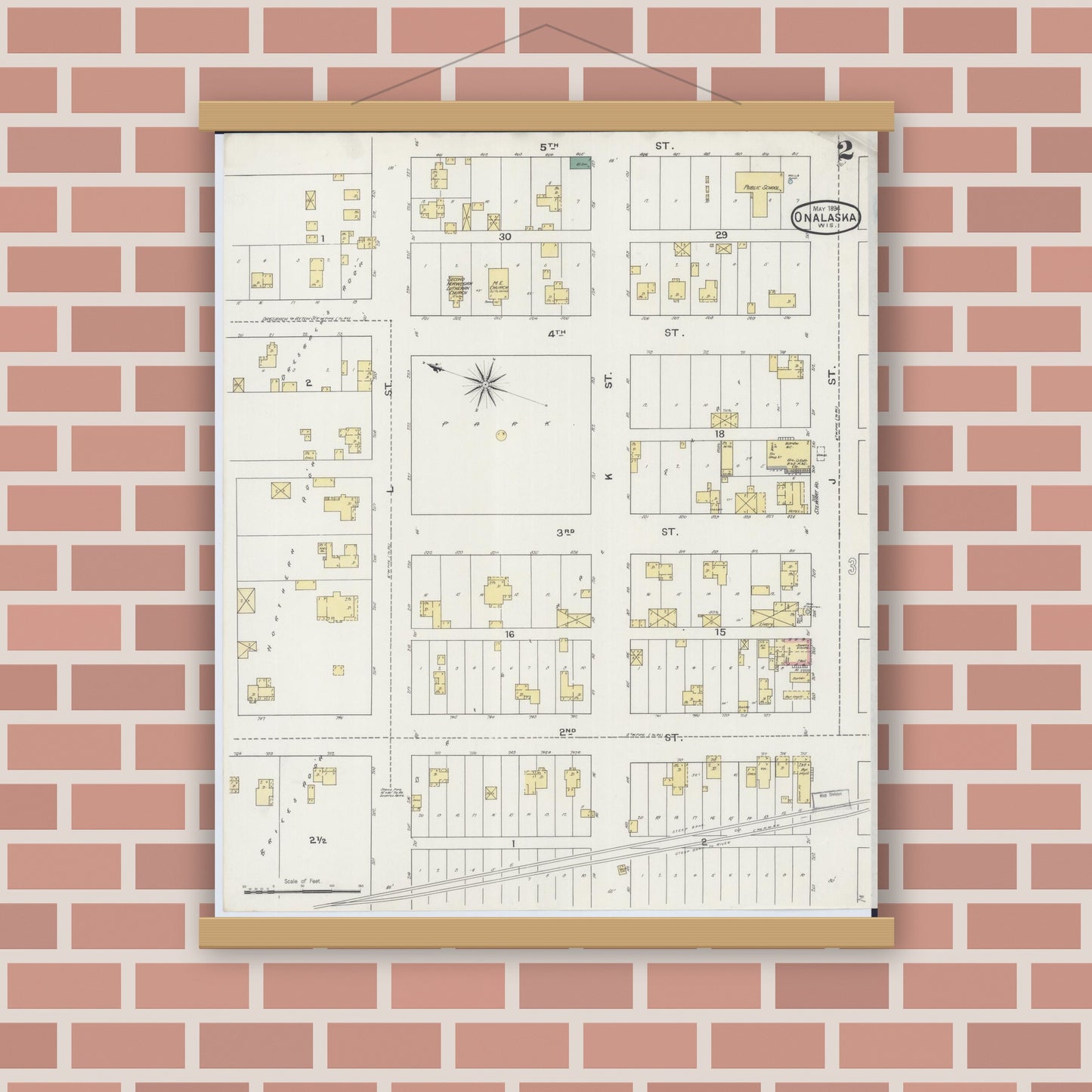 Old map wall art mockup — magnetic wood frame on brick wall — Sanborn Fire Insurance Map from Onalaska, La Crosse County, Wisconsin (1894), Sheet #0002