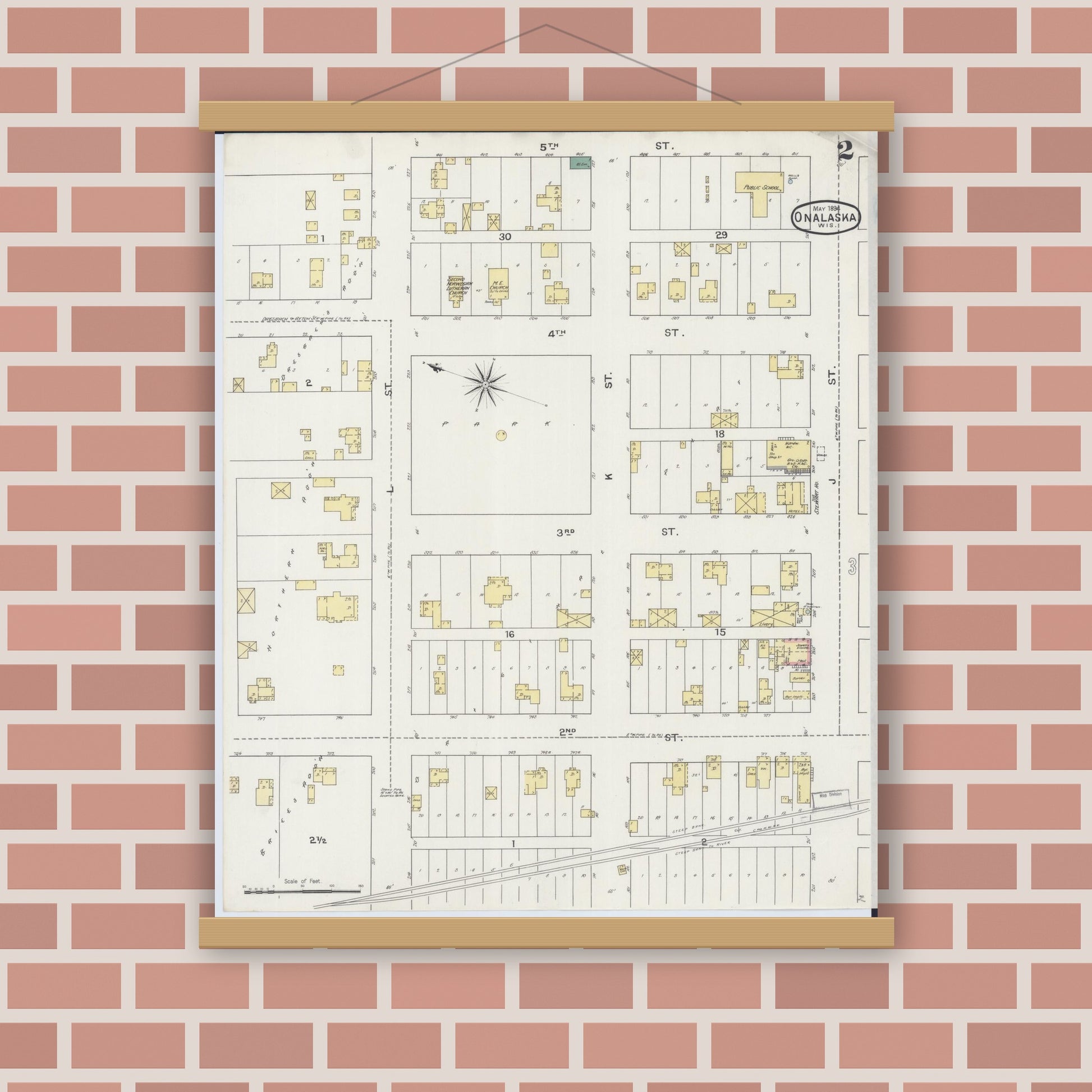 Old map wall art mockup — magnetic wood frame on brick wall — Sanborn Fire Insurance Map from Onalaska, La Crosse County, Wisconsin (1894), Sheet #0002