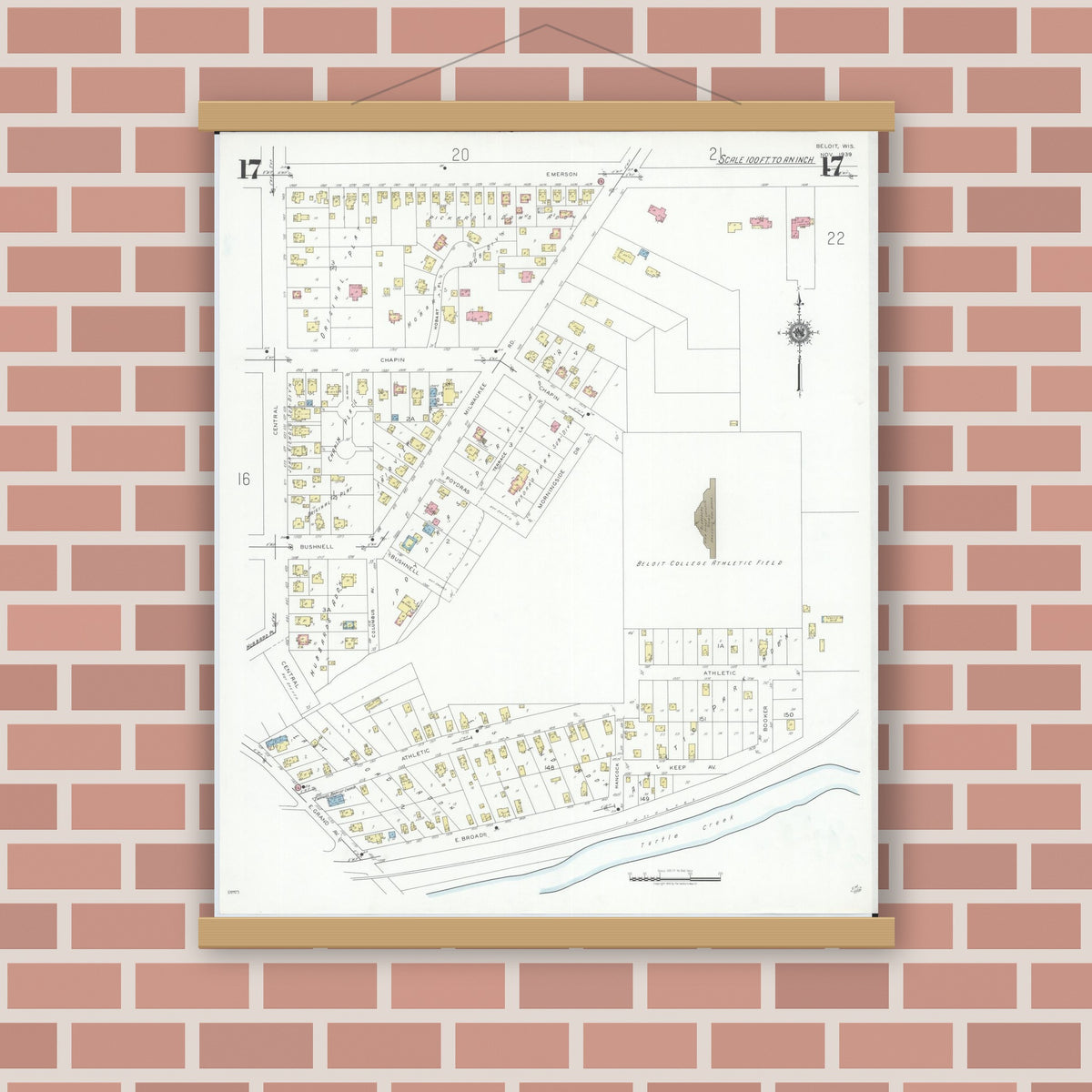 Old map wall art mockup — magnetic wood frame on brick wall — Sanborn Fire Insurance Map from Beloit, Rock County, Wisconsin (1939), Sheet #0017