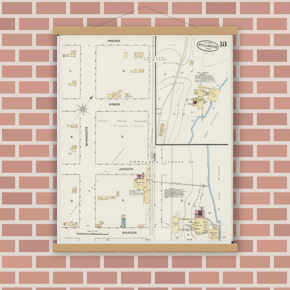 Old map wall art mockup — magnetic wood frame on brick wall — Sanborn Fire Insurance Map from Stillwater, Washington County, Minnesota (1888), Sheet #0018
