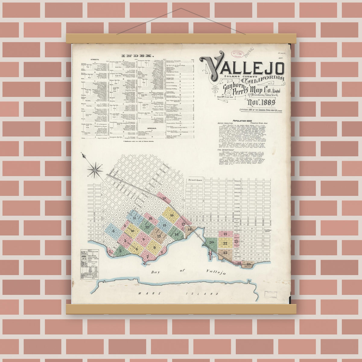 Old map wall art mockup — magnetic wood frame on brick wall — Sanborn Fire Insurance Map from Vallejo, Solano County, California (1889) - Complete Map Set
