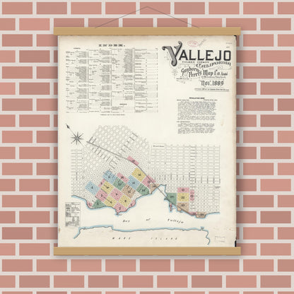 Old map wall art mockup — magnetic wood frame on brick wall — Sanborn Fire Insurance Map from Vallejo, Solano County, California (1889) - Complete Map Set