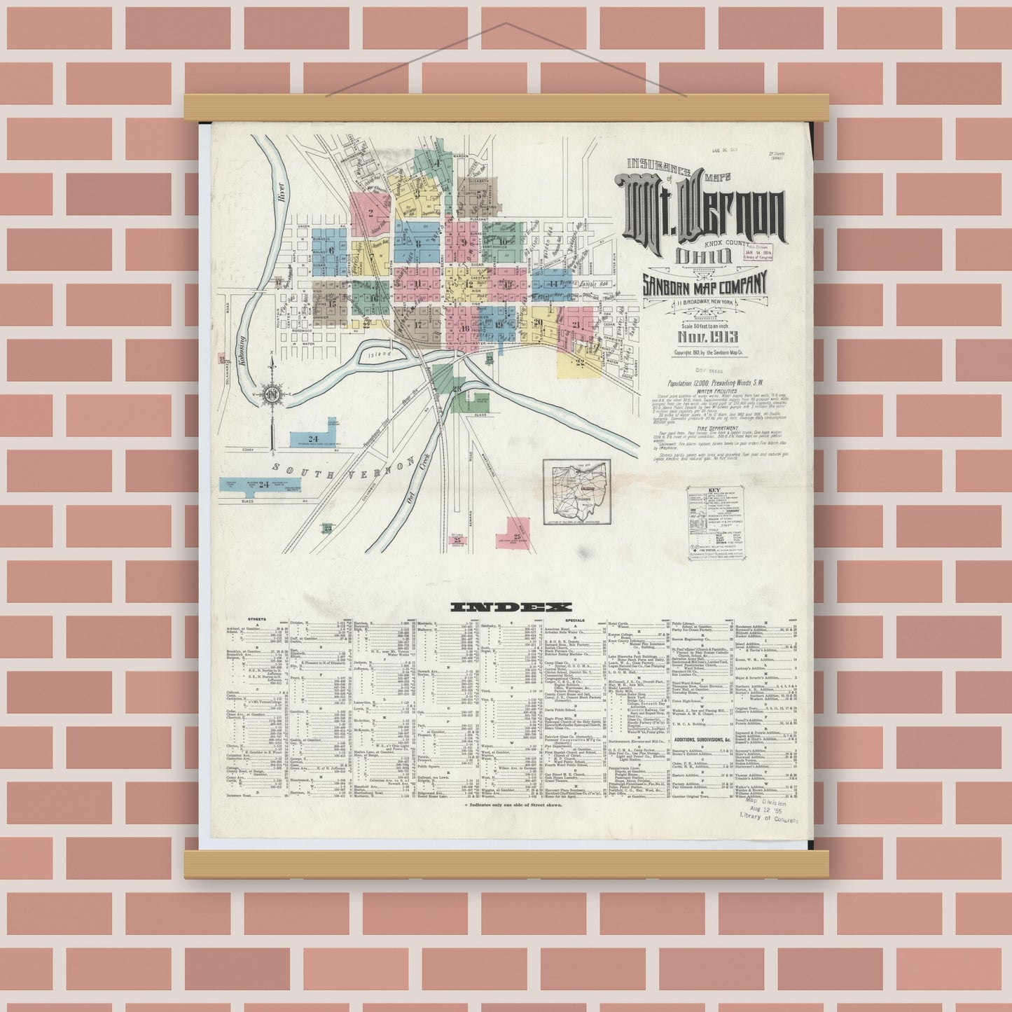 Old map wall art mockup — magnetic wood frame on brick wall — Sanborn Fire Insurance Map from Mount Vernon, Knox County, Ohio (1913), Sheet #0001