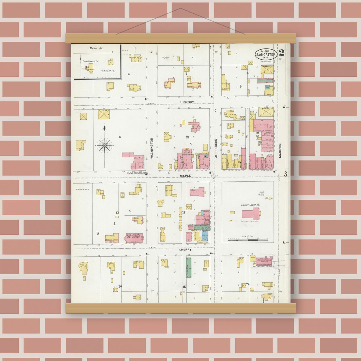 Old map wall art mockup — magnetic wood frame on brick wall — Sanborn Fire Insurance Map from Lancaster, Grant County, Wisconsin (1899), Sheet #0002