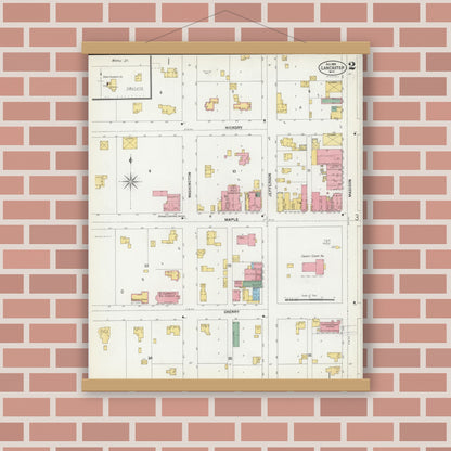 Old map wall art mockup — magnetic wood frame on brick wall — Sanborn Fire Insurance Map from Lancaster, Grant County, Wisconsin (1899), Sheet #0002