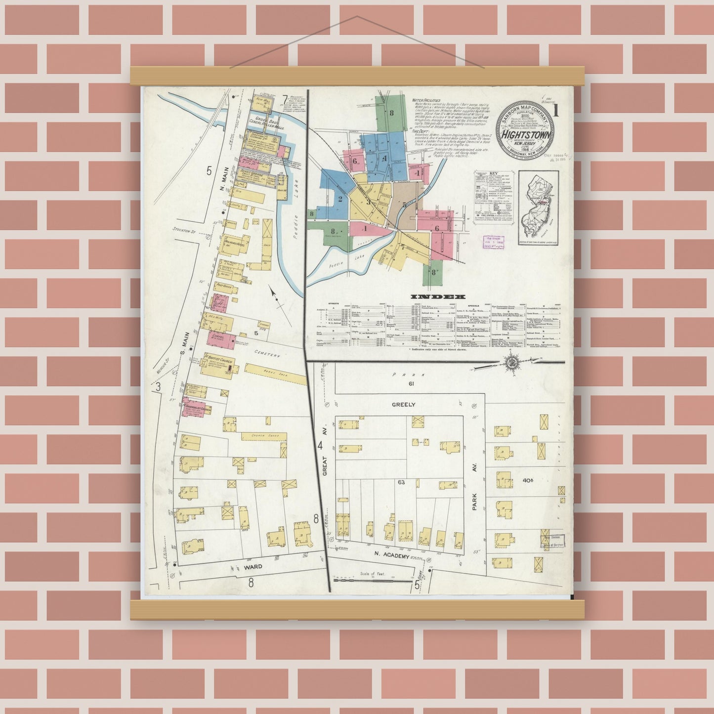 Old map wall art mockup — magnetic wood frame on brick wall — Sanborn Fire Insurance Map from Hightstown, Mercer County, New Jersey (1916), Sheet #0001