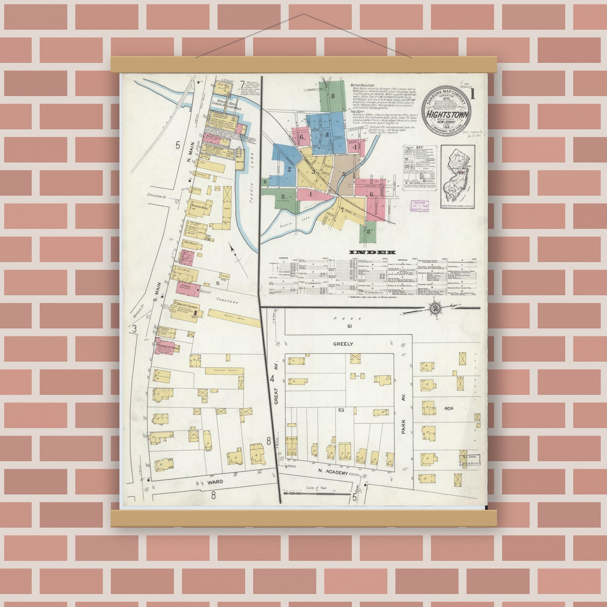 Old map wall art mockup — magnetic wood frame on brick wall — Sanborn Fire Insurance Map from Hightstown, Mercer County, New Jersey (1916), Sheet #0001