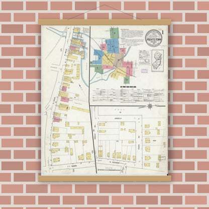 Old map wall art mockup — magnetic wood frame on brick wall — Sanborn Fire Insurance Map from Hightstown, Mercer County, New Jersey (1916), Sheet #0001