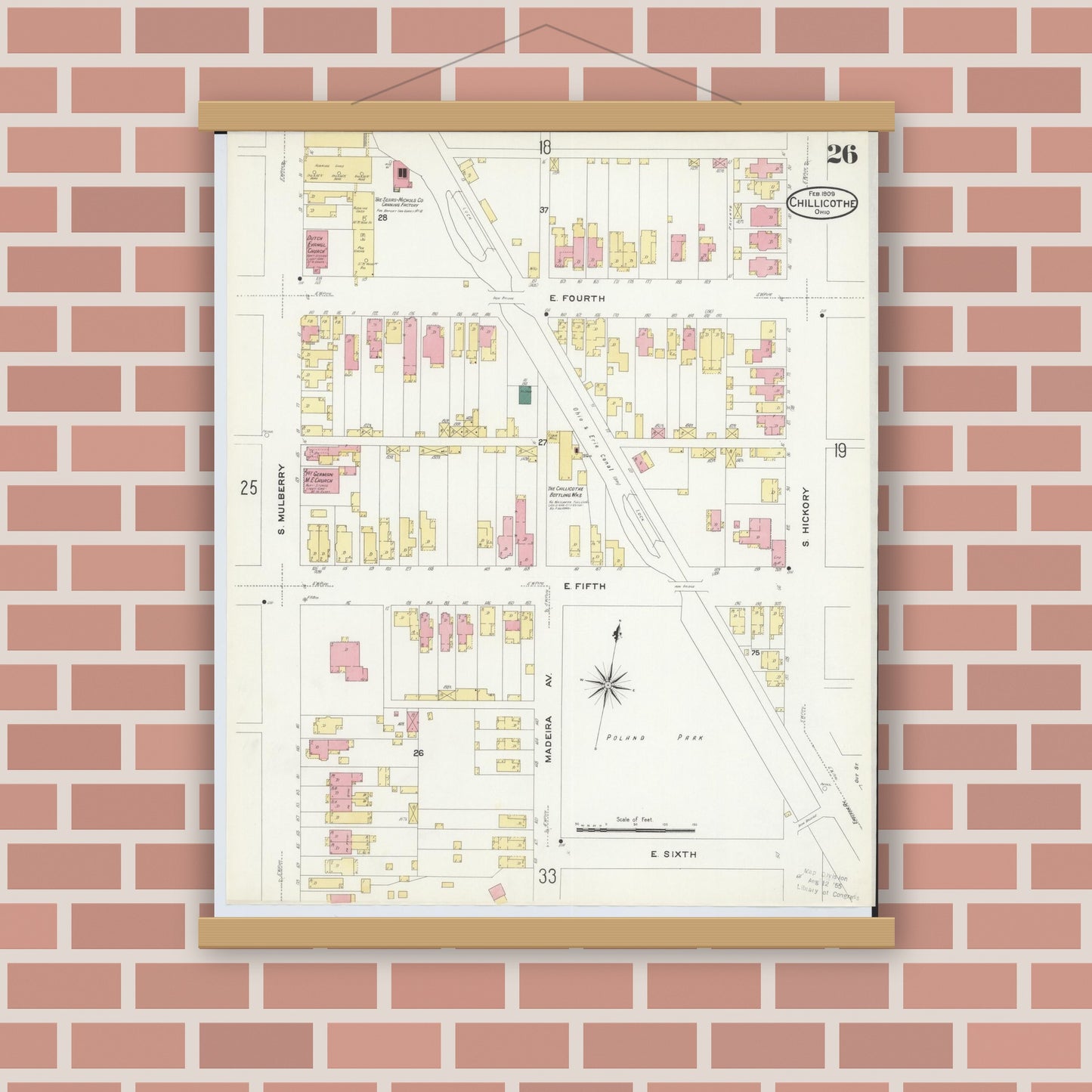 Old map wall art mockup — magnetic wood frame on brick wall — Sanborn Fire Insurance Map from Chillicothe, Ross County, Ohio (1909), Sheet #0026