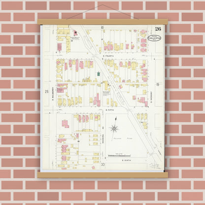 Old map wall art mockup — magnetic wood frame on brick wall — Sanborn Fire Insurance Map from Chillicothe, Ross County, Ohio (1909), Sheet #0026
