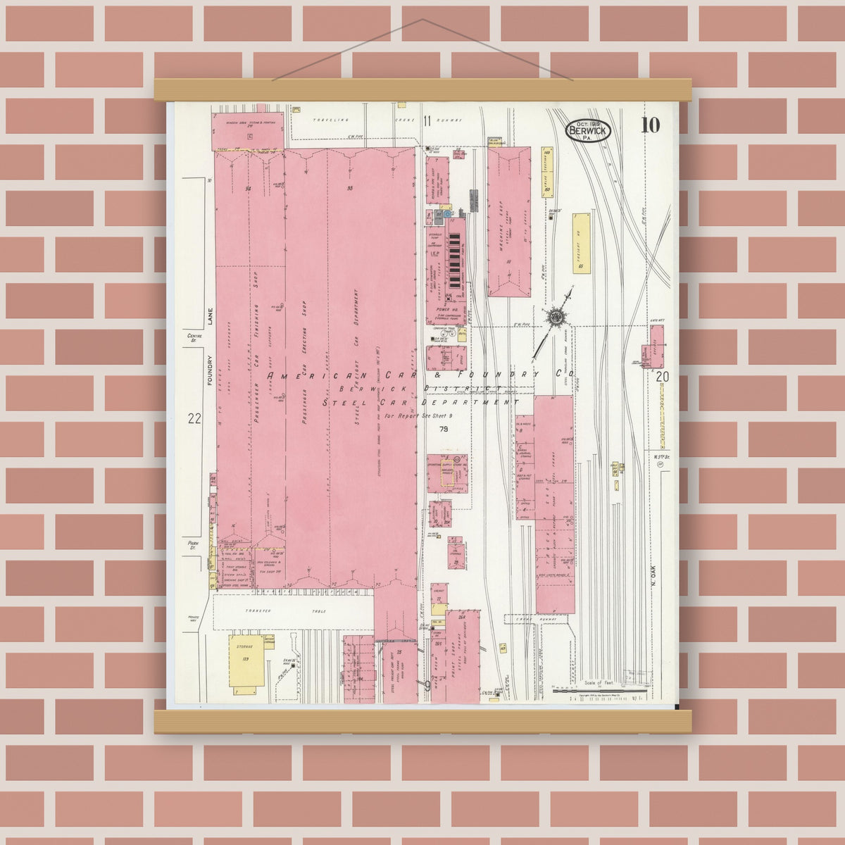 Old map wall art mockup — magnetic wood frame on brick wall — Sanborn Fire Insurance Map from Berwick, Columbia County, Pennsylvania (1918), Sheet #0010