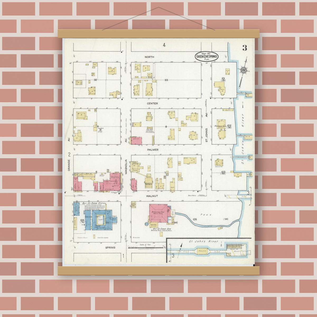 Old map wall art mockup — magnetic wood frame on brick wall — Sanborn Fire Insurance Map from Green Cove Springs, Clay County, Florida (1917), Sheet #0003