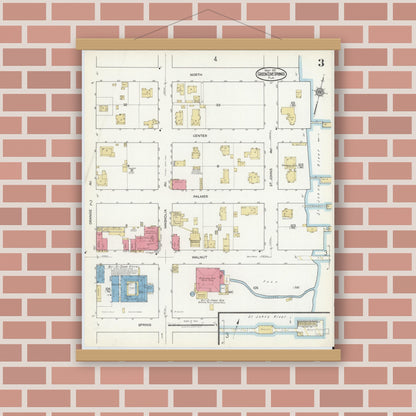 Old map wall art mockup — magnetic wood frame on brick wall — Sanborn Fire Insurance Map from Green Cove Springs, Clay County, Florida (1917), Sheet #0003