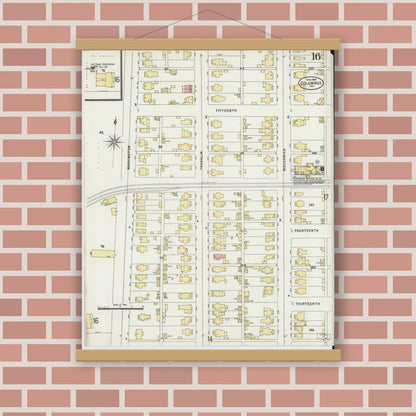 Old map wall art mockup — magnetic wood frame on brick wall — Sanborn Fire Insurance Map from Columbus, Bartholomew County, Indiana (1898), Sheet #0016