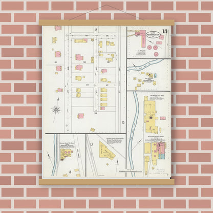 Old map wall art mockup — magnetic wood frame on brick wall — Sanborn Fire Insurance Map from New Brighton, Beaver County, Pennsylvania (1901), Sheet #0013