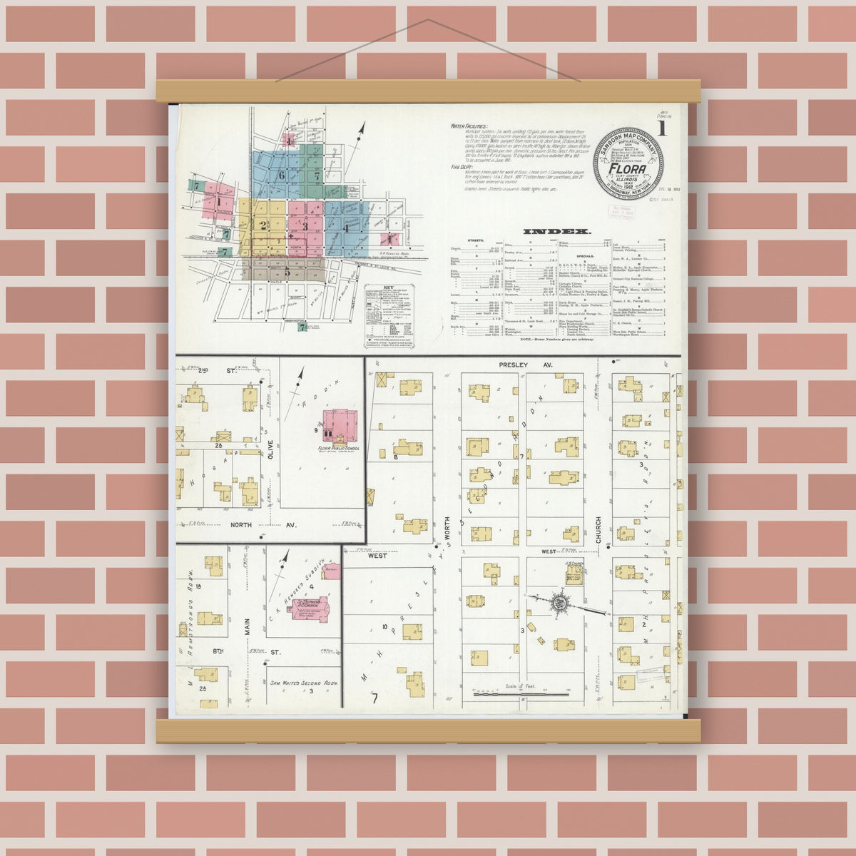 Old map wall art mockup — magnetic wood frame on brick wall — Sanborn Fire Insurance Map from Flora, Clay County, Illinois (1912) - Complete Map Set