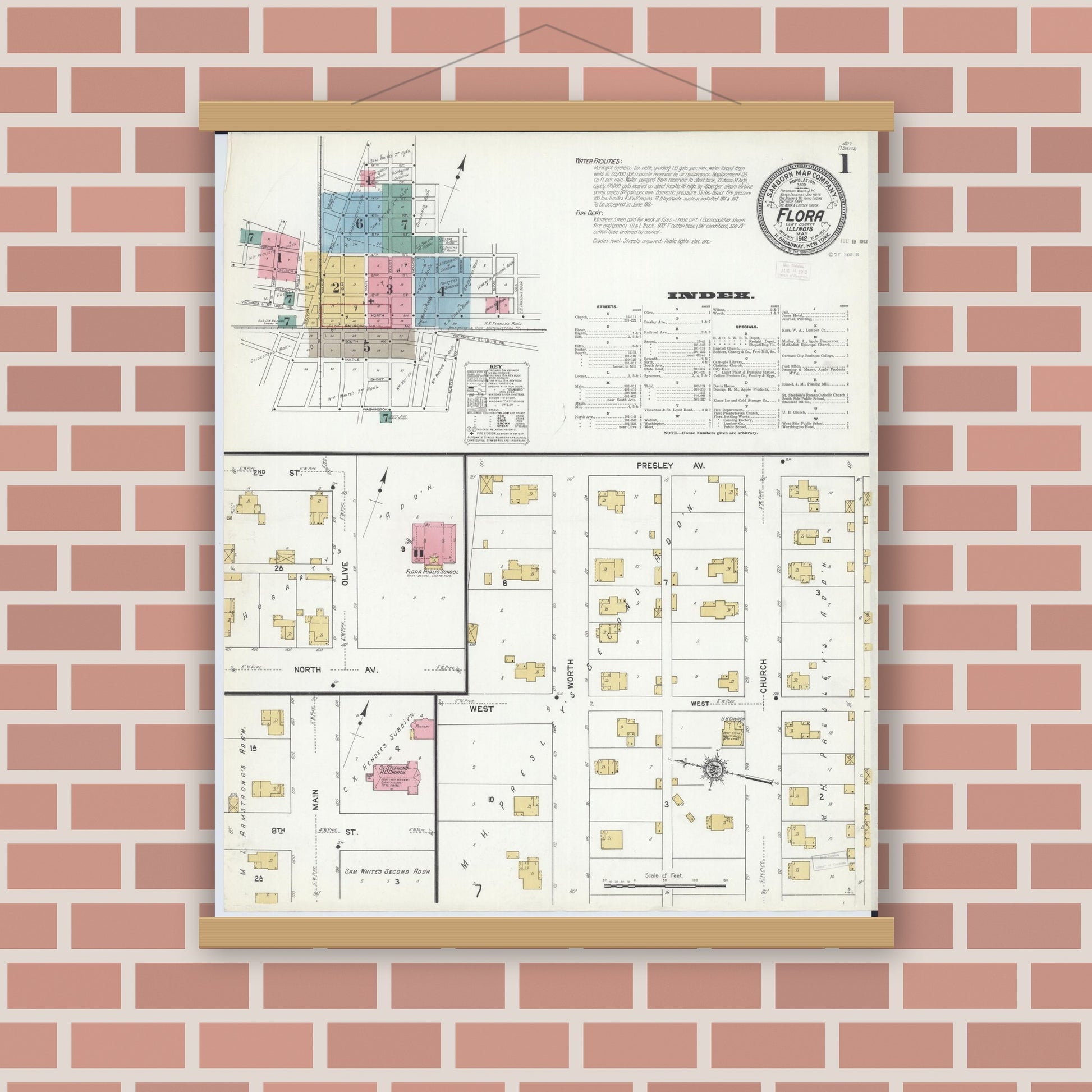 Old map wall art mockup — magnetic wood frame on brick wall — Sanborn Fire Insurance Map from Flora, Clay County, Illinois (1912) - Complete Map Set