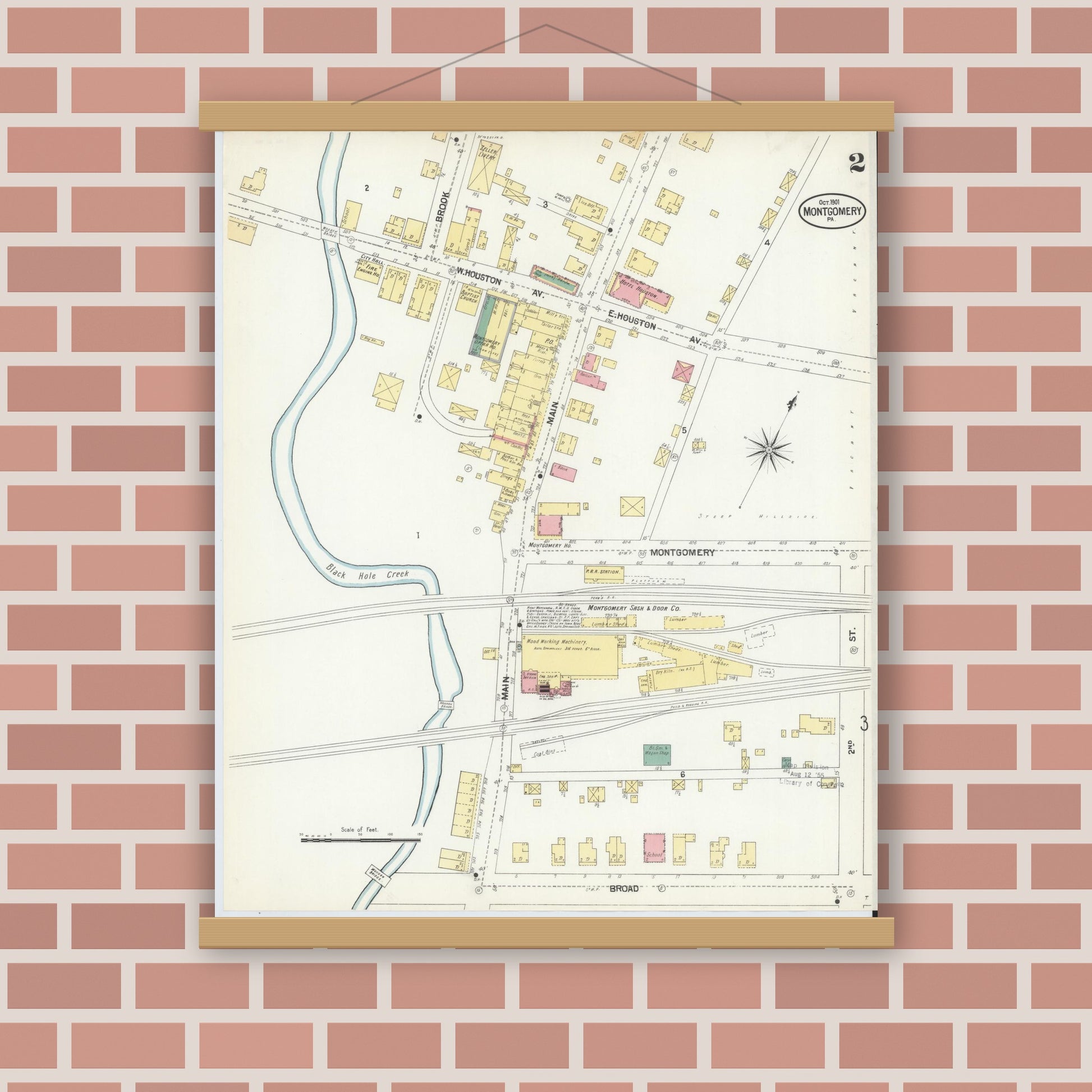 Old map wall art mockup — magnetic wood frame on brick wall — Sanborn Fire Insurance Map from Montgomery, Lycoming County, Pennsylvania (1901), Sheet #0002