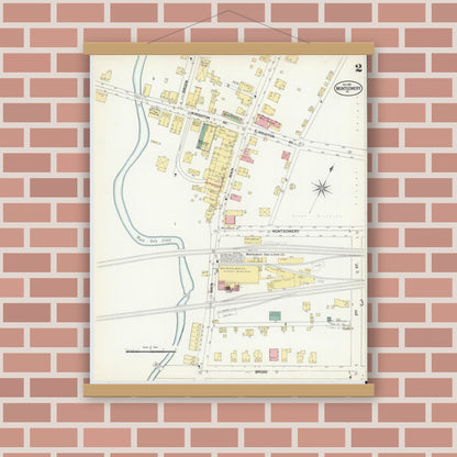 Old map wall art mockup — magnetic wood frame on brick wall — Sanborn Fire Insurance Map from Montgomery, Lycoming County, Pennsylvania (1901), Sheet #0002