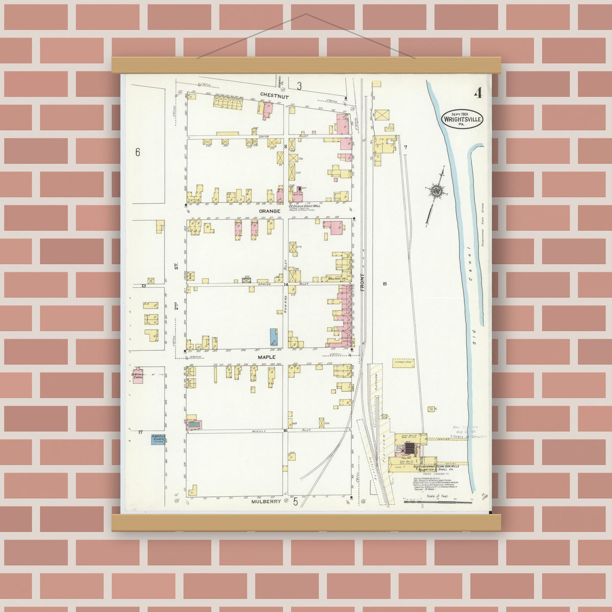 Old map wall art mockup — magnetic wood frame on brick wall — Sanborn Fire Insurance Map from Wrightsville, York County, Pennsylvania (1909), Sheet #0004