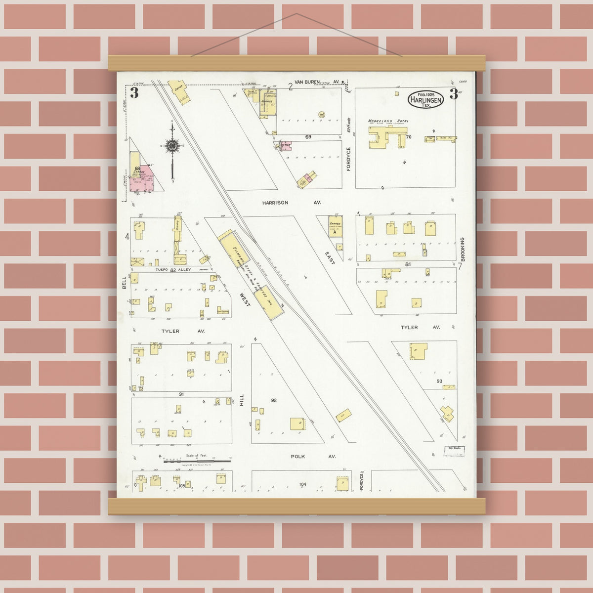 Old map wall art mockup — magnetic wood frame on brick wall — Sanborn Fire Insurance Map from Harlingen, Cameron County, Texas (1925), Sheet #0003