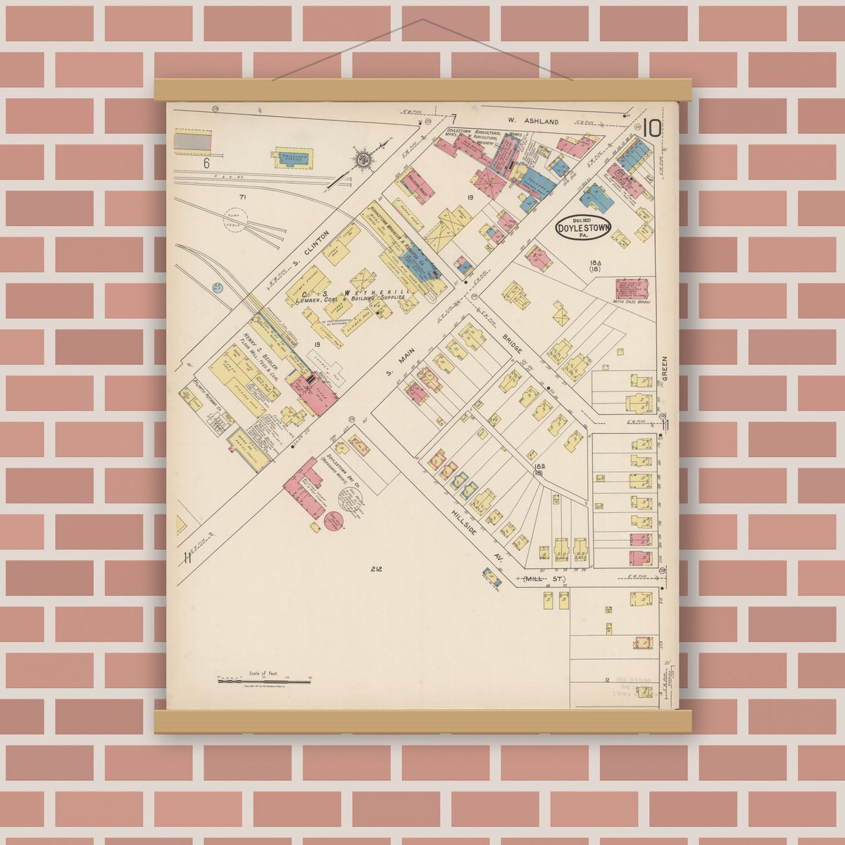 Old map wall art mockup — magnetic wood frame on brick wall — Sanborn Fire Insurance Map from Doylestown, Bucks County, Pennsylvania (1922), Sheet #0010
