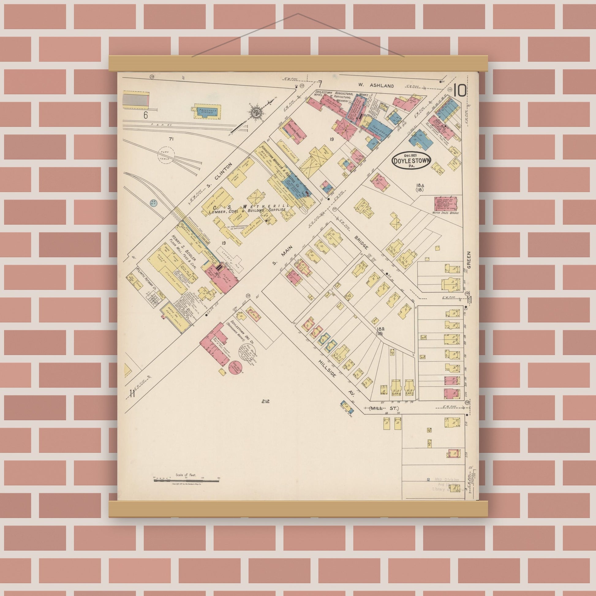 Old map wall art mockup — magnetic wood frame on brick wall — Sanborn Fire Insurance Map from Doylestown, Bucks County, Pennsylvania (1922), Sheet #0010