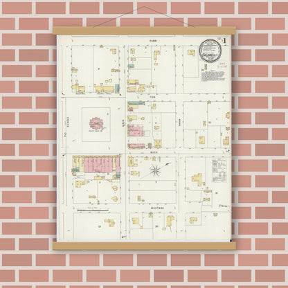 Old map wall art mockup — magnetic wood frame on brick wall — Sanborn Fire Insurance Map from Caldwell, Burleson County, Texas (1896), Sheet #0001