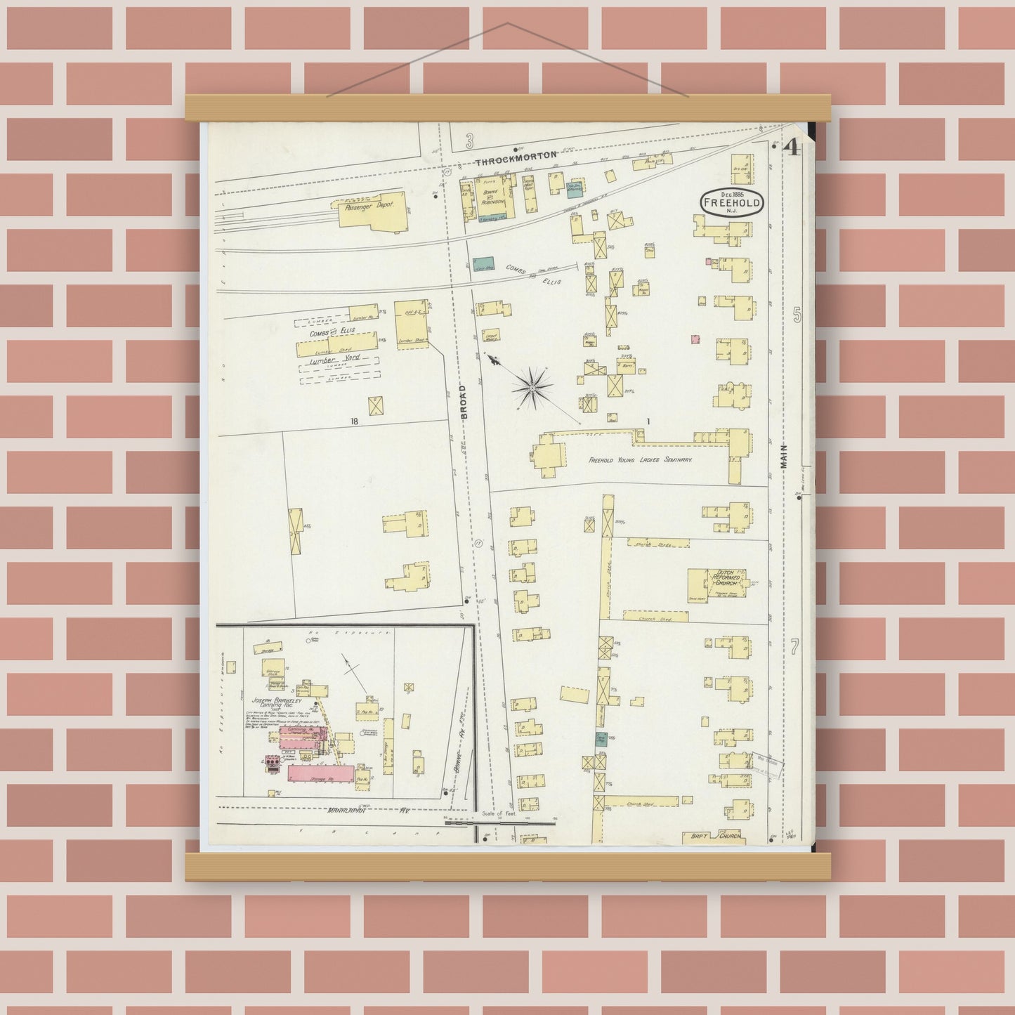 Old map wall art mockup — magnetic wood frame on brick wall — Sanborn Fire Insurance Map from Freehold, Monmouth County, New Jersey (1895), Sheet #0004