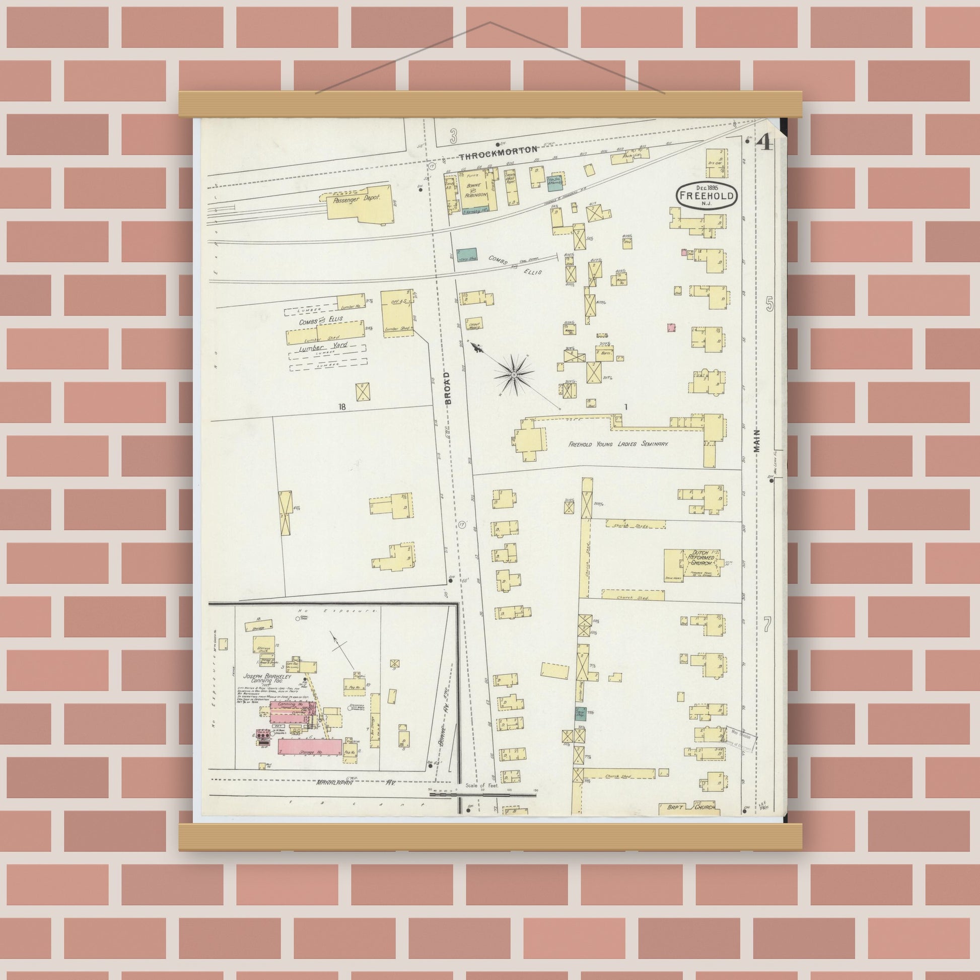 Old map wall art mockup — magnetic wood frame on brick wall — Sanborn Fire Insurance Map from Freehold, Monmouth County, New Jersey (1895), Sheet #0004