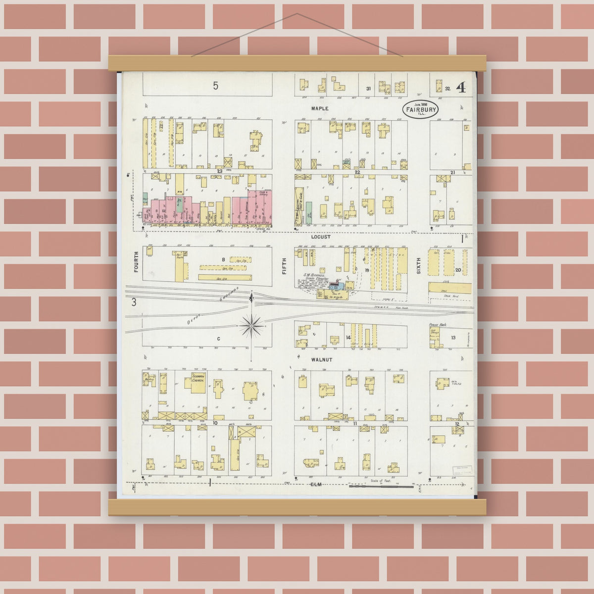 Old map wall art mockup — magnetic wood frame on brick wall — Sanborn Fire Insurance Map from Fairbury, Livingston County, Illinois (1898), Sheet #0004