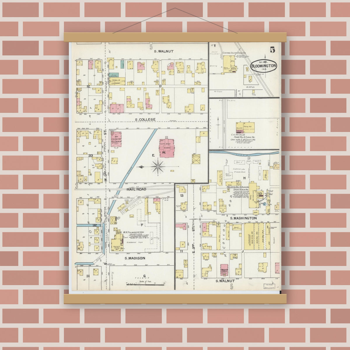 Old map wall art mockup — magnetic wood frame on brick wall — Sanborn Fire Insurance Map from Bloomington, Monroe County, Indiana (1892), Sheet #0005