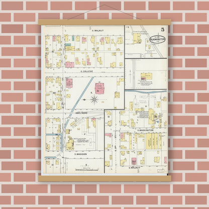 Old map wall art mockup — magnetic wood frame on brick wall — Sanborn Fire Insurance Map from Bloomington, Monroe County, Indiana (1892), Sheet #0005