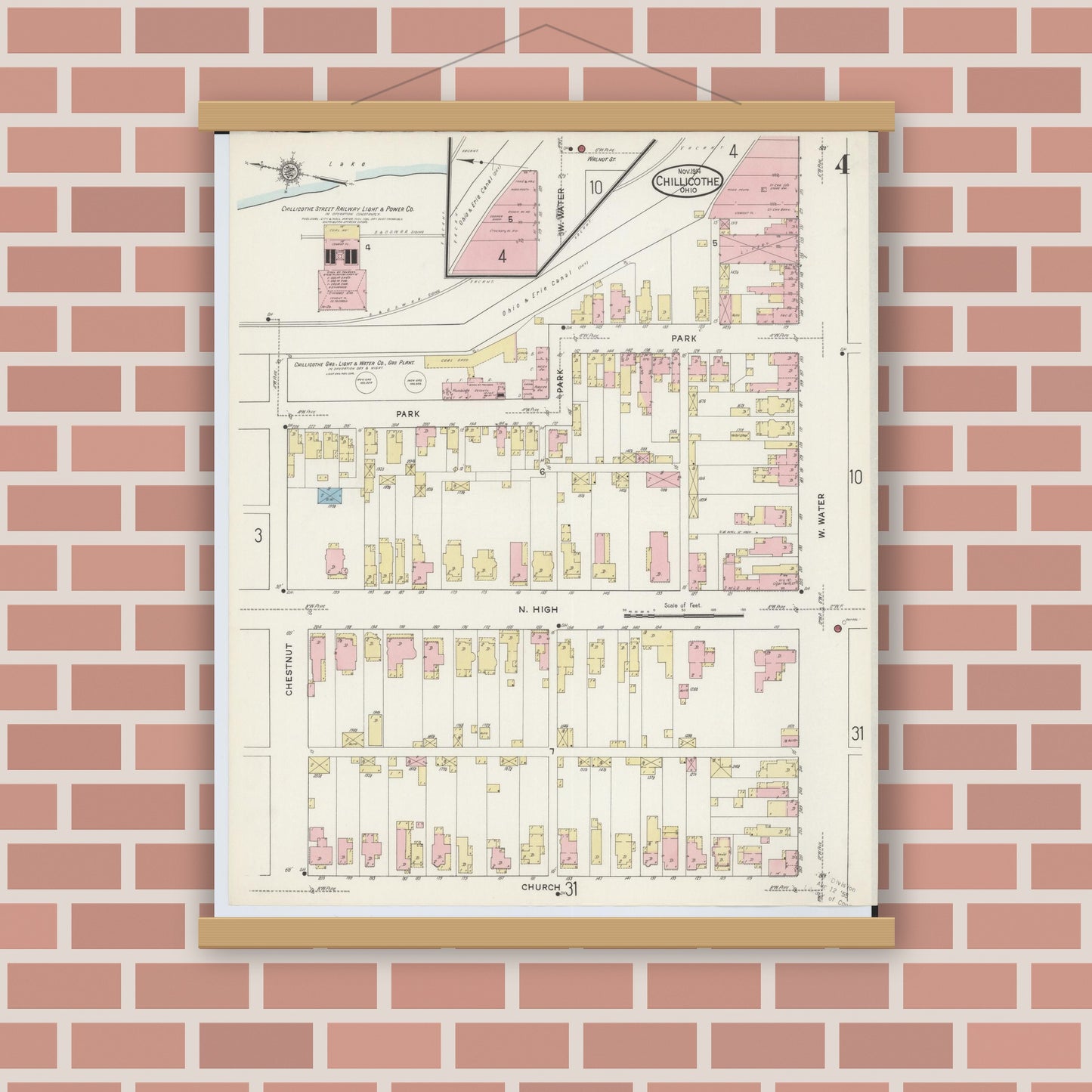 Old map wall art mockup — magnetic wood frame on brick wall — Sanborn Fire Insurance Map from Chillicothe, Ross County, Ohio (1914), Sheet #0004