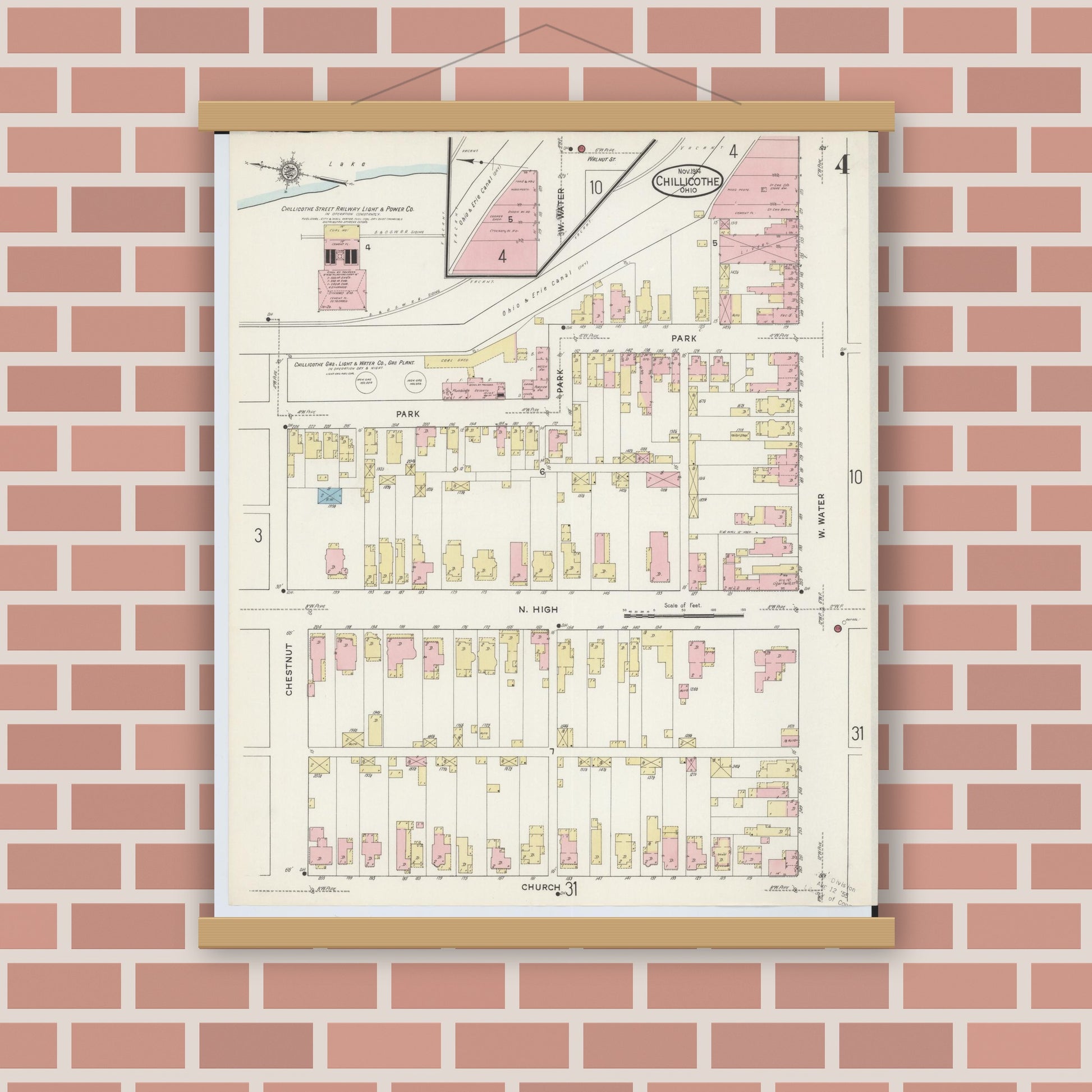 Old map wall art mockup — magnetic wood frame on brick wall — Sanborn Fire Insurance Map from Chillicothe, Ross County, Ohio (1914), Sheet #0004