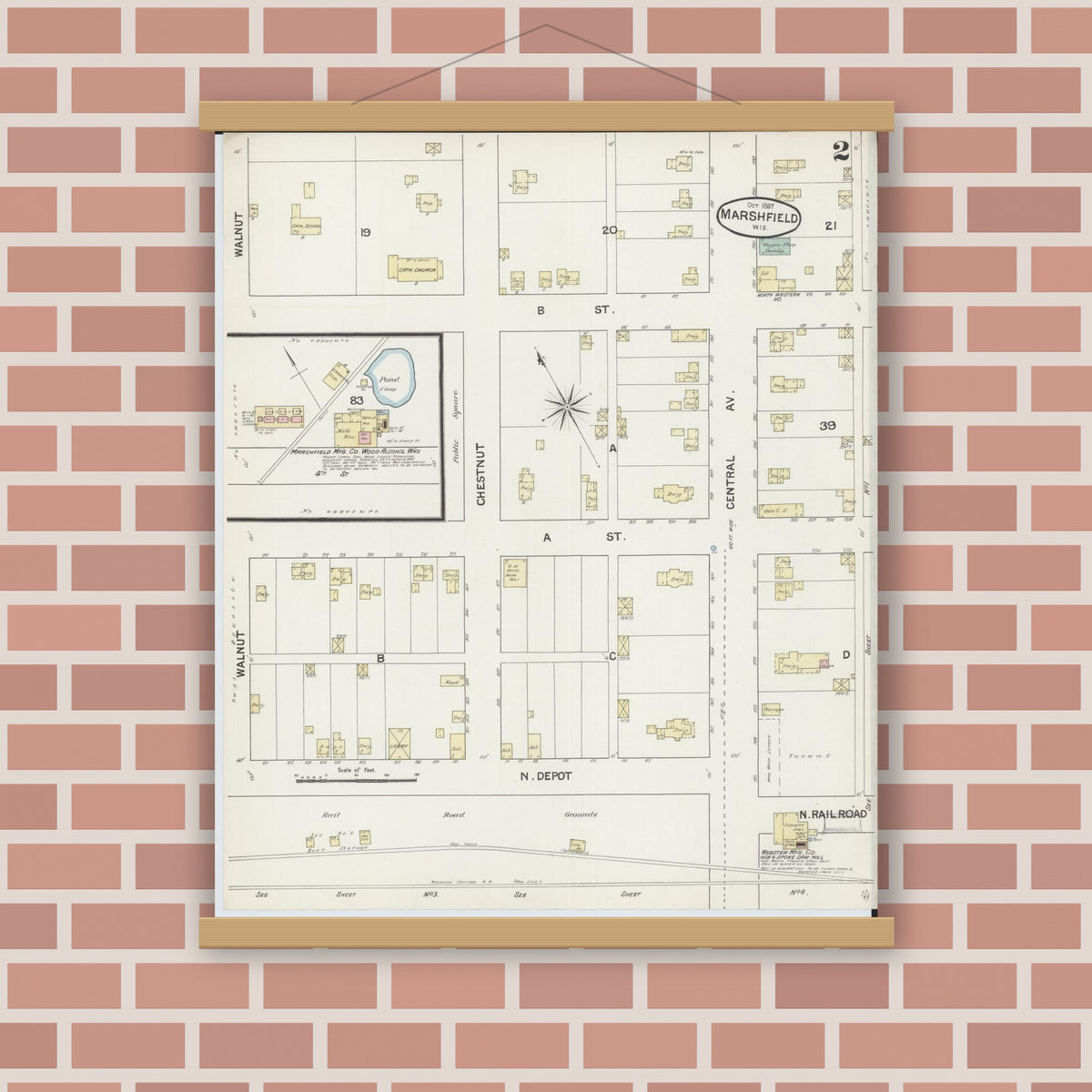 Old map wall art mockup — magnetic wood frame on brick wall — Sanborn Fire Insurance Map from Marshfield, Wood County, Wisconsin (1887), Sheet #0002