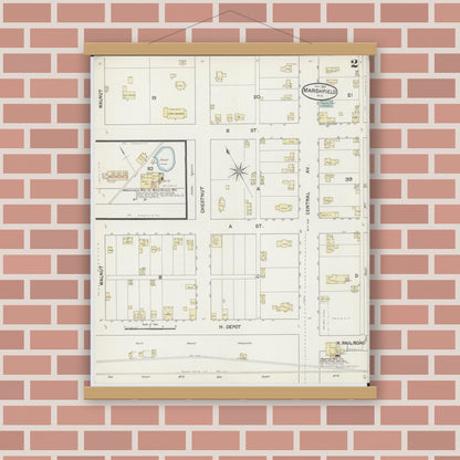 Old map wall art mockup — magnetic wood frame on brick wall — Sanborn Fire Insurance Map from Marshfield, Wood County, Wisconsin (1887), Sheet #0002
