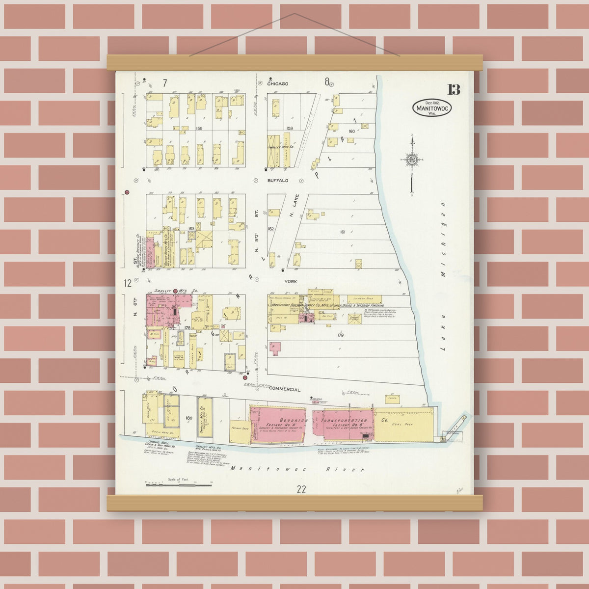 Old map wall art mockup — magnetic wood frame on brick wall — Sanborn Fire Insurance Map from Manitowoc, Manitowoc County, Wisconsin (1912), Sheet #0013