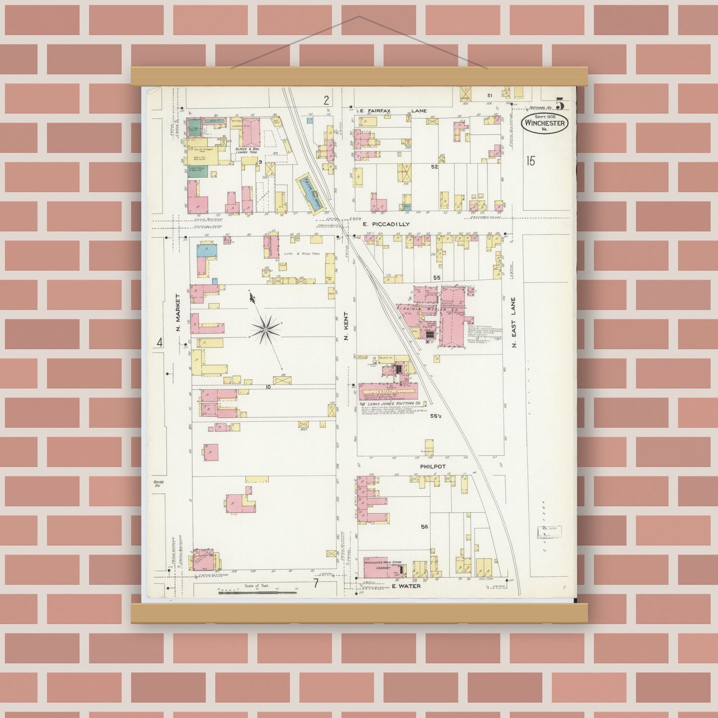 Old map wall art mockup — magnetic wood frame on brick wall — Sanborn Fire Insurance Map from Winchester, Independent Cities, Virginia (1908), Sheet #0005