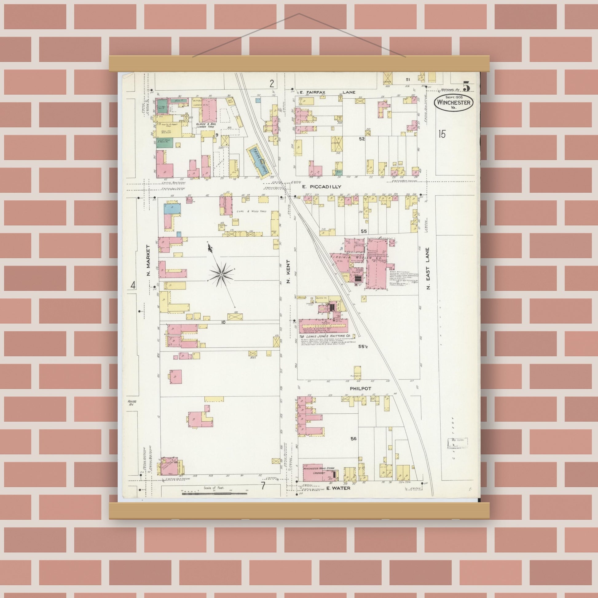 Old map wall art mockup — magnetic wood frame on brick wall — Sanborn Fire Insurance Map from Winchester, Independent Cities, Virginia (1908), Sheet #0005