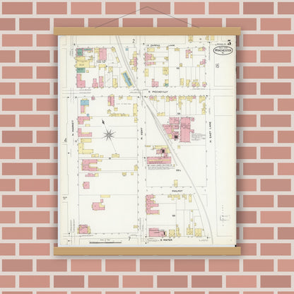 Old map wall art mockup — magnetic wood frame on brick wall — Sanborn Fire Insurance Map from Winchester, Independent Cities, Virginia (1908), Sheet #0005