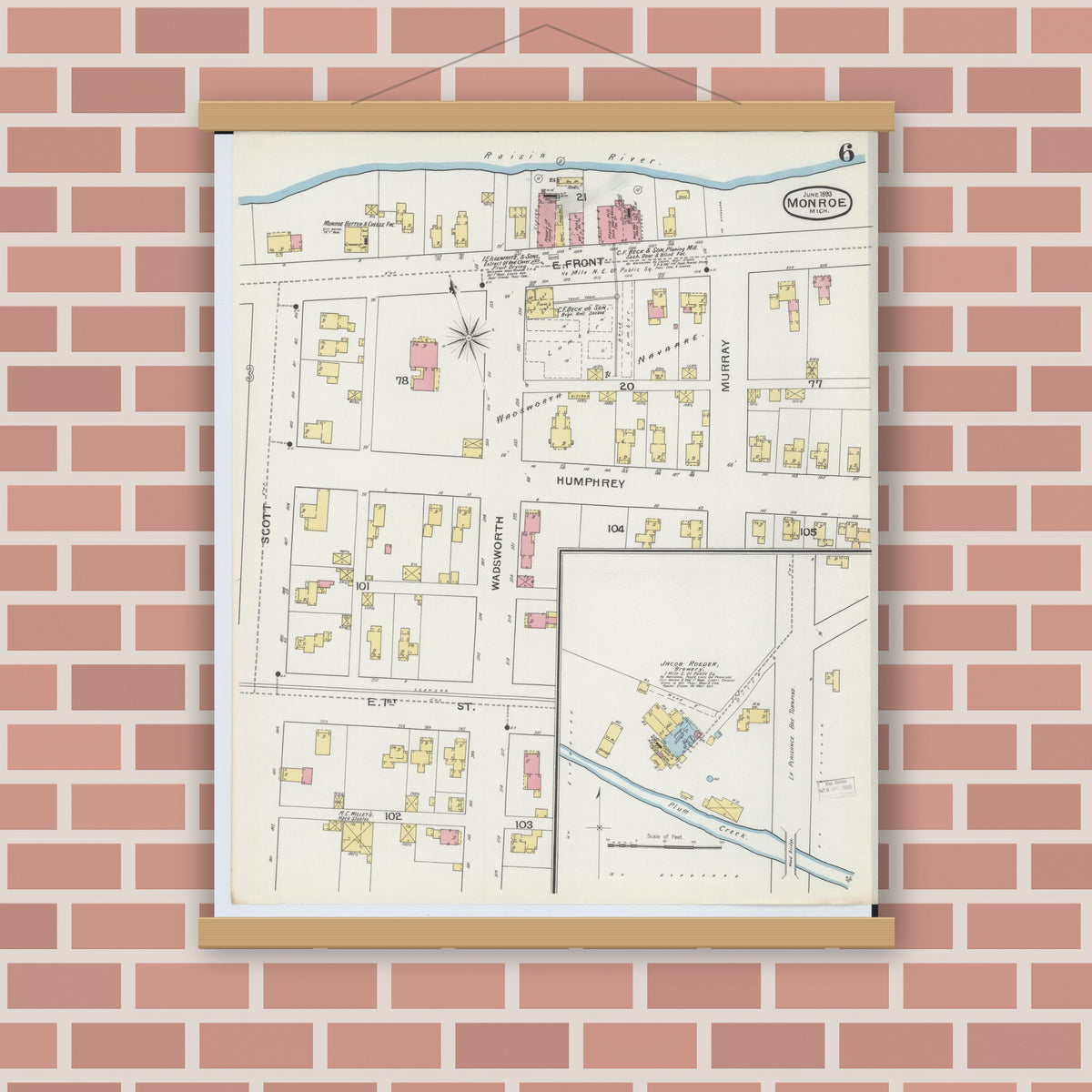 Old map wall art mockup — magnetic wood frame on brick wall — Sanborn Fire Insurance Map from Monroe, Monroe County, Michigan (1893), Sheet #0006